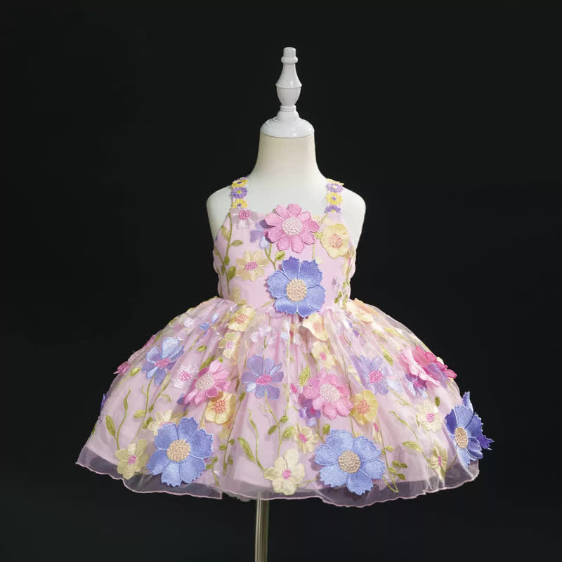 Chemical Fiber Blend Rosette Sleeveless Midi Dresses - Pink - 9-11Y - image 1