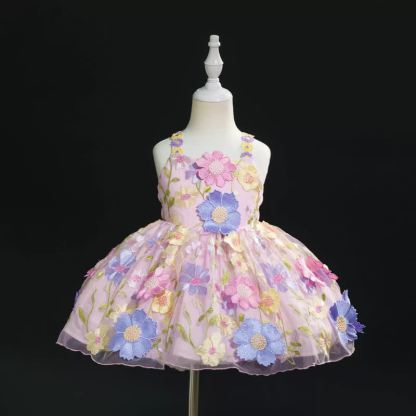 Chemical Fiber Blend Rosette Sleeveless Midi Dresses - Pink - 9-11Y - image 1