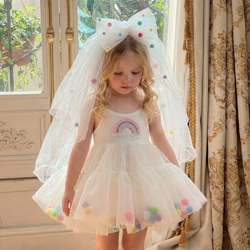 Jersey & Organza Swiss-dot Sleeveless Short Dresses With Veil - White - 13-14Y - image 1