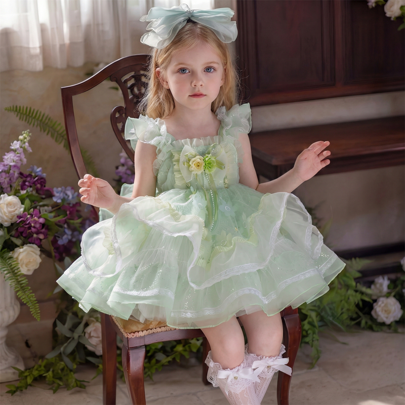 Organza Lace Edge Cap Sleeve Short Dresses Without Headband - Light Green - 9-11Y - image 1