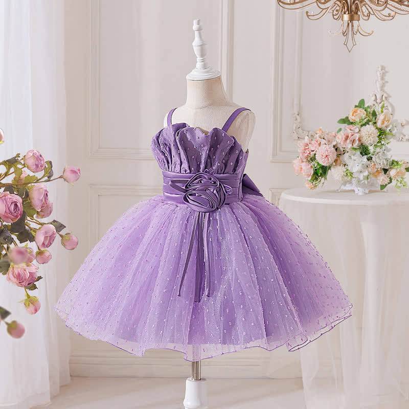 Jacquard Mesh Rosette Cap Sleeveless Short Dresses - Purple - 8Y - image 1
