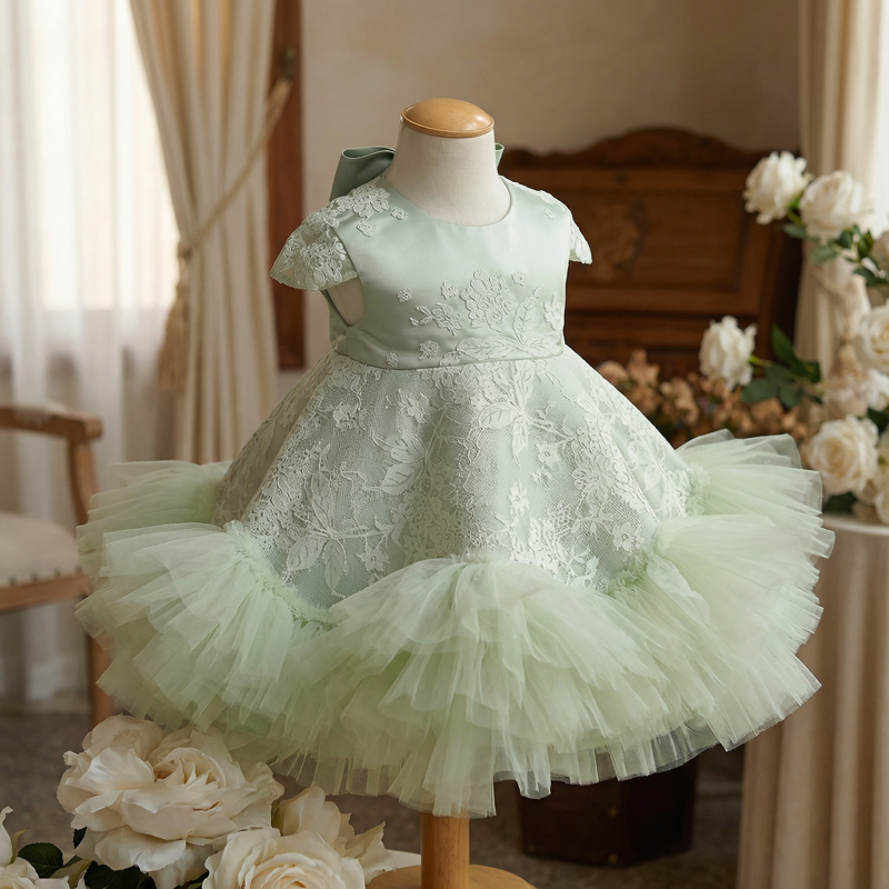 Lace & Satin Lace Folds Cap Sleeve Short Dresses - Light Green - 13-14Y - image 5