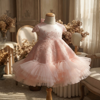 Lace & Satin Lace Folds Cap Sleeve Short Dresses - Pink - 13-14Y - image 1