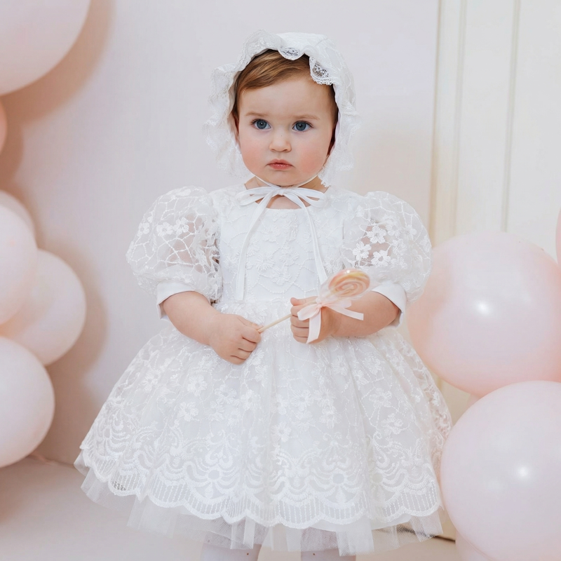 Embroidery Mesh Embroidery Short Sleeve Midi Dresses With Hat - White - 18-30M - image 1