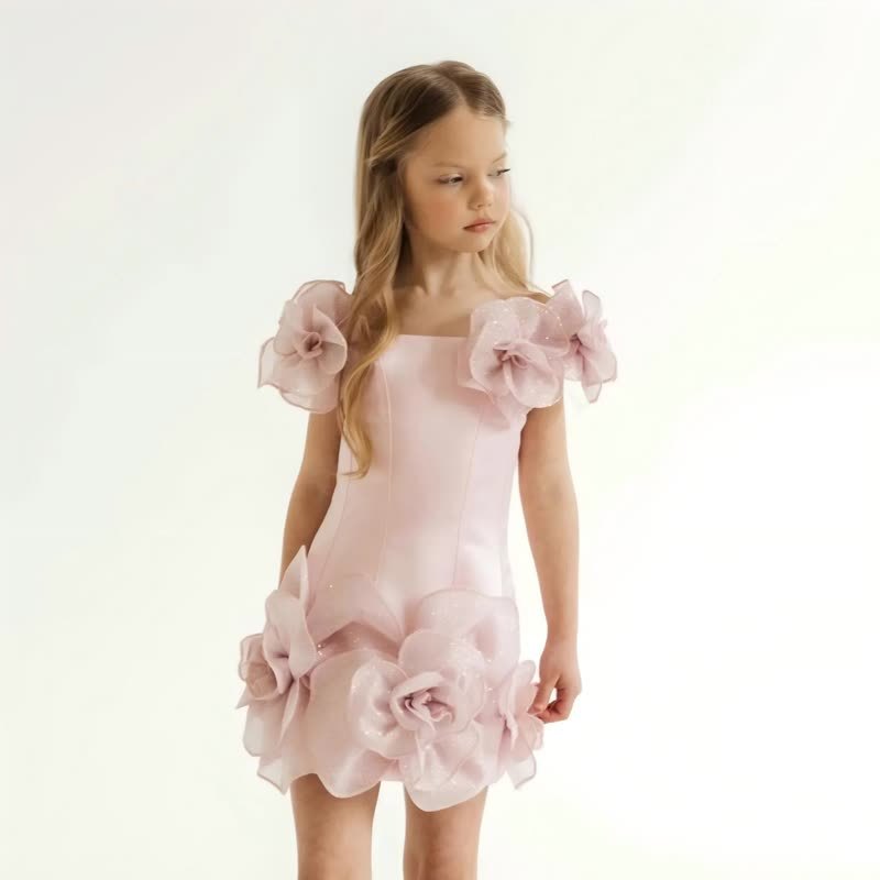 Chemical Fiber Blend Rosette Cap Sleeve Short Dresses - Pink - 7Y - image 1