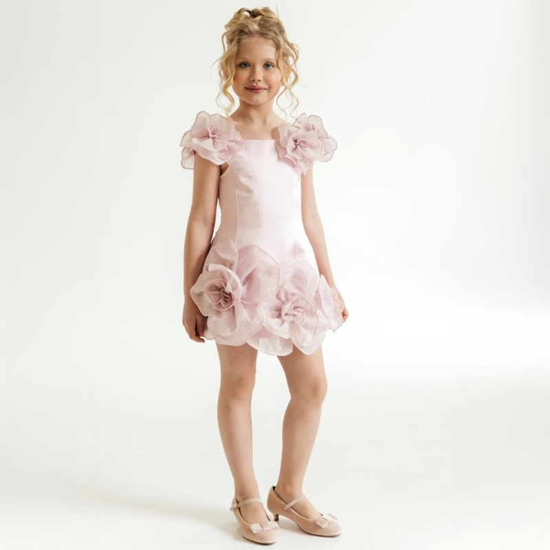 Chemical Fiber Blend Rosette Cap Sleeve Short Dresses - image 3