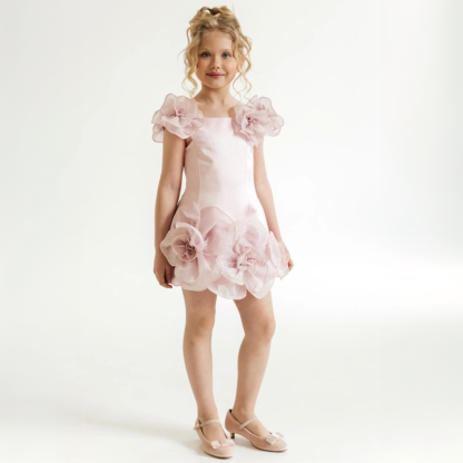 Chemical Fiber Blend Rosette Cap Sleeve Short Dresses - image 3