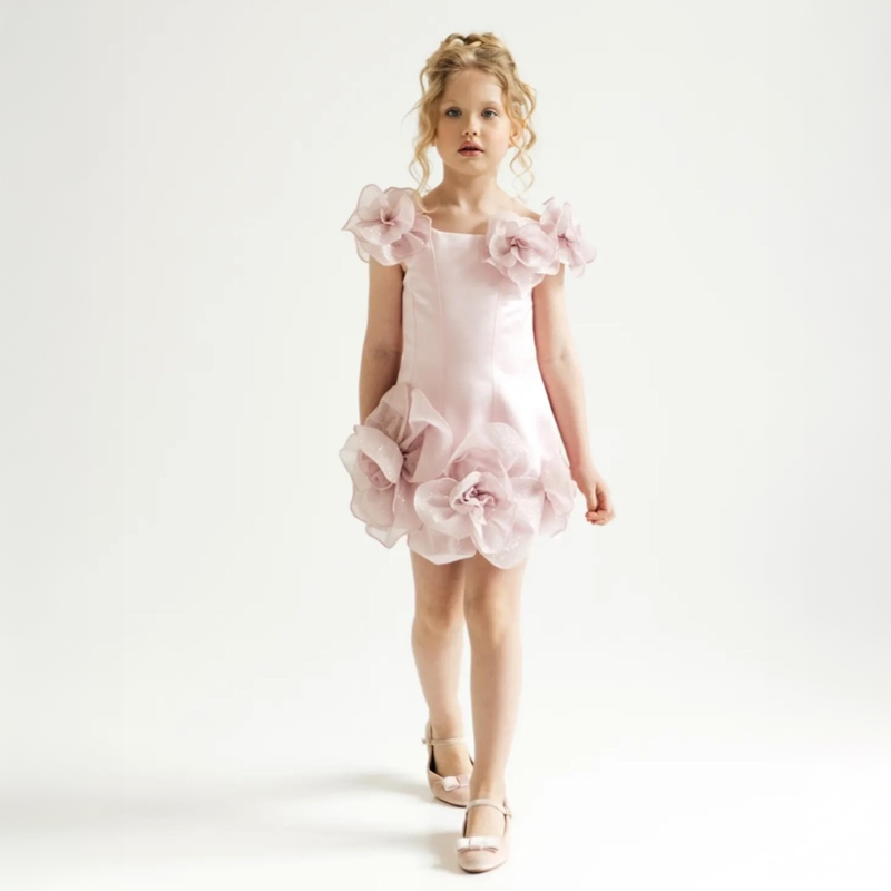 Chemical Fiber Blend Rosette Cap Sleeve Short Dresses - image 2
