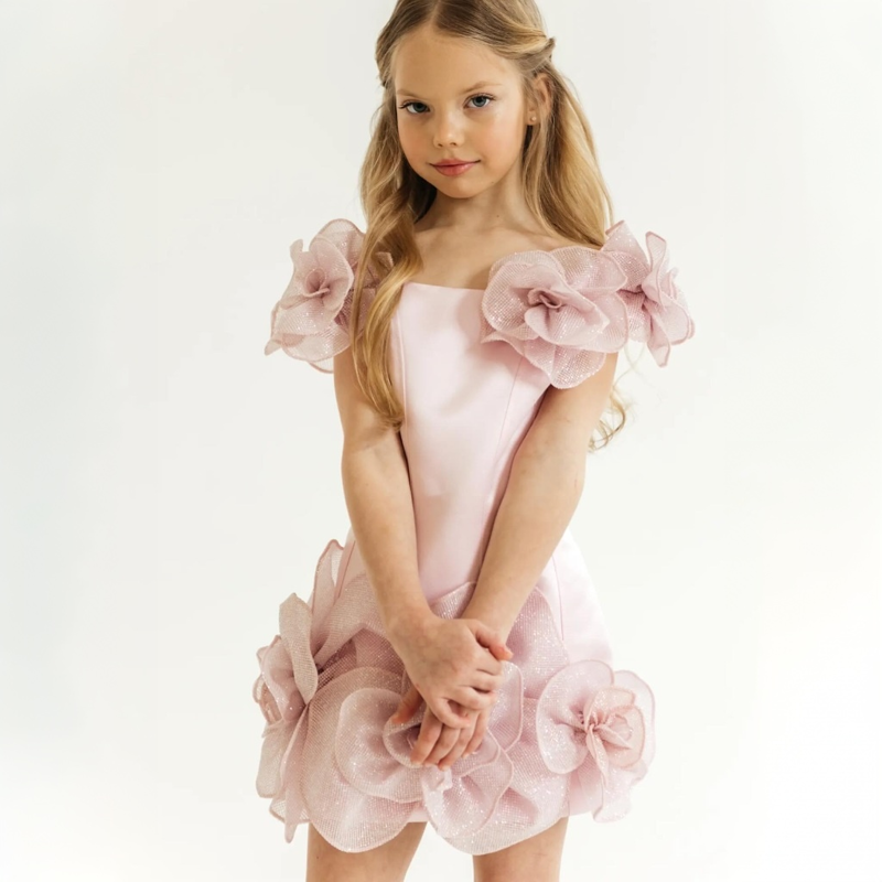 Chemical Fiber Blend Rosette Cap Sleeve Short Dresses - image 5