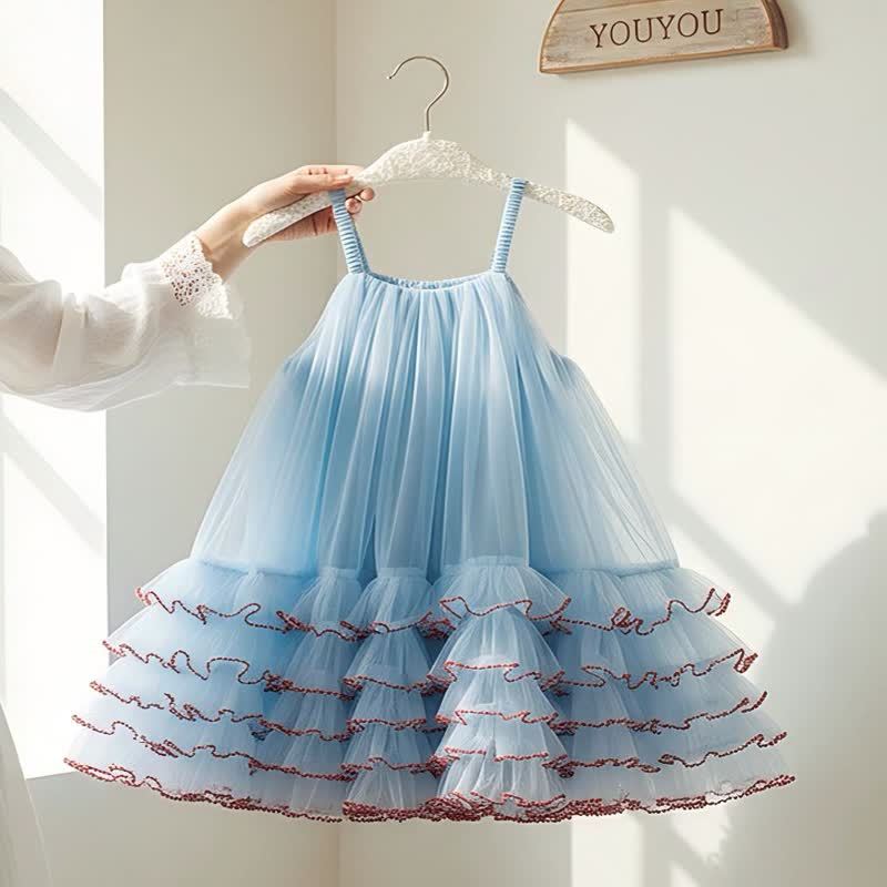 Mesh Panel Sleeveless Midi Dresses  - Light Blue - 9-10Y - image 1