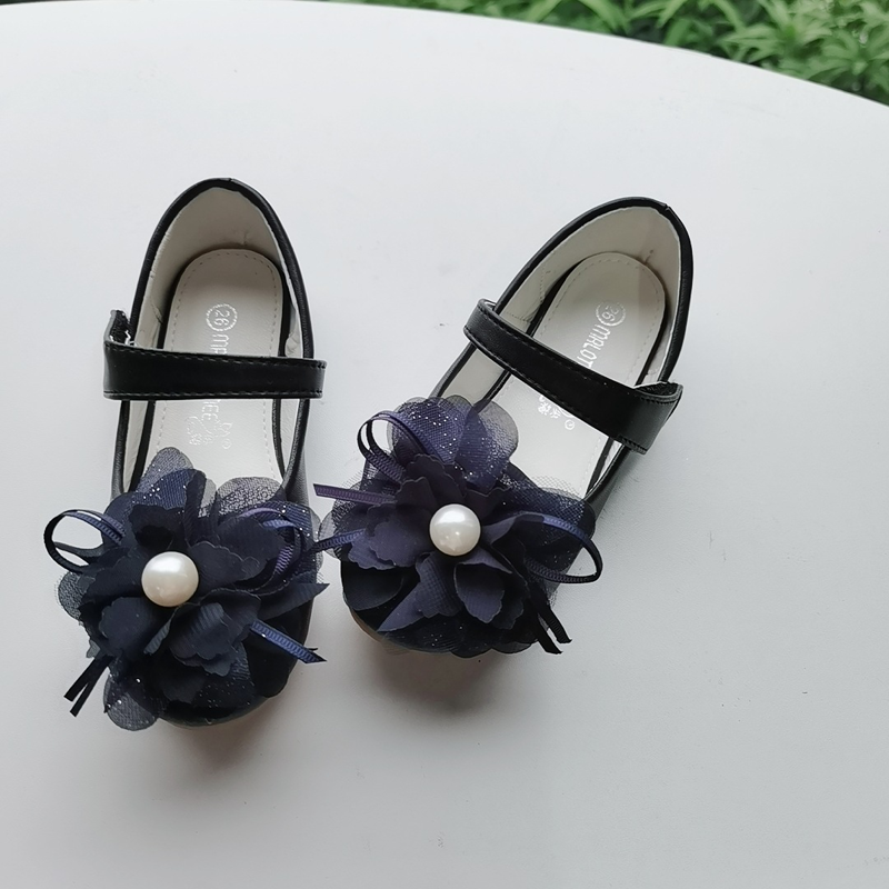 Solid Pearl Rosette Round Toe Mary Janes - Black - 20.5cm - image 9