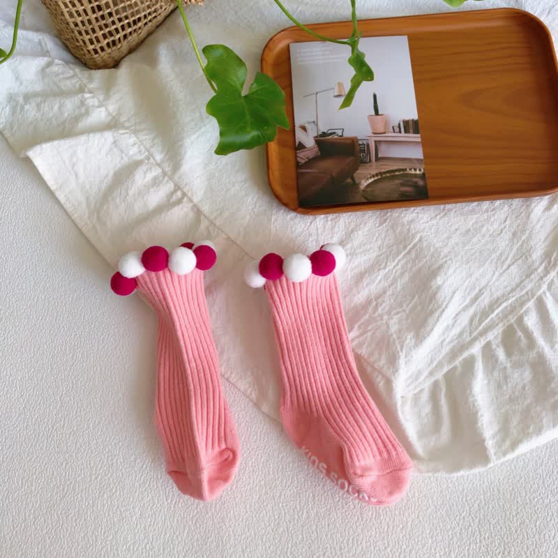 Polka Dots Fuzzy Ball Socks - Pink - 2-4Y - image 6