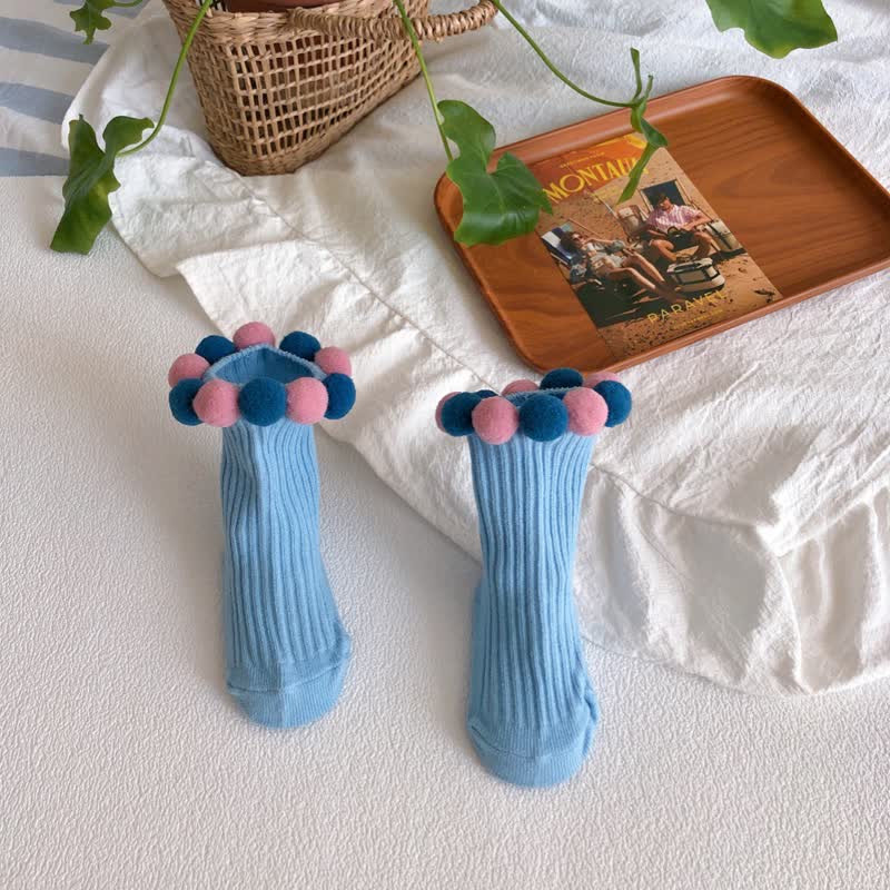 Polka Dots Fuzzy Ball Socks - Blue - 2-4Y - image 11