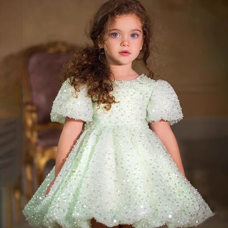 Glitter Sequins Short Sleeve Midi Dresses - Mint - 9-10Y - image 1
