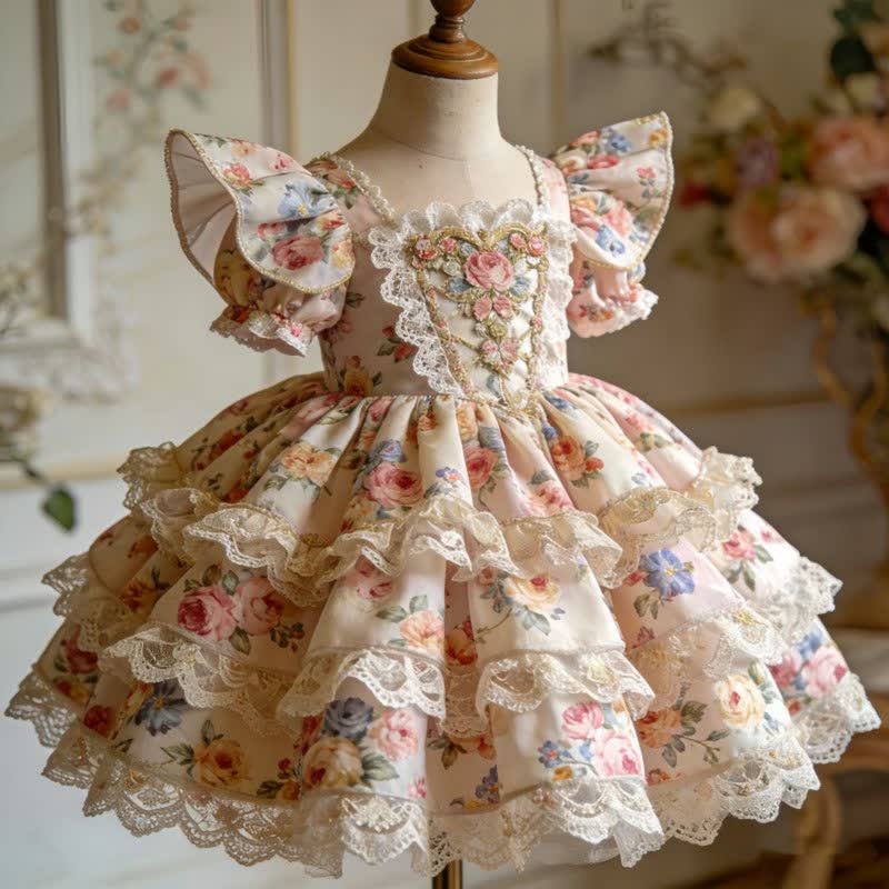 Polyester Cotton Lace Edge Short Sleeve Short Dresses - Apricot Pink - 9-11Y - image 1
