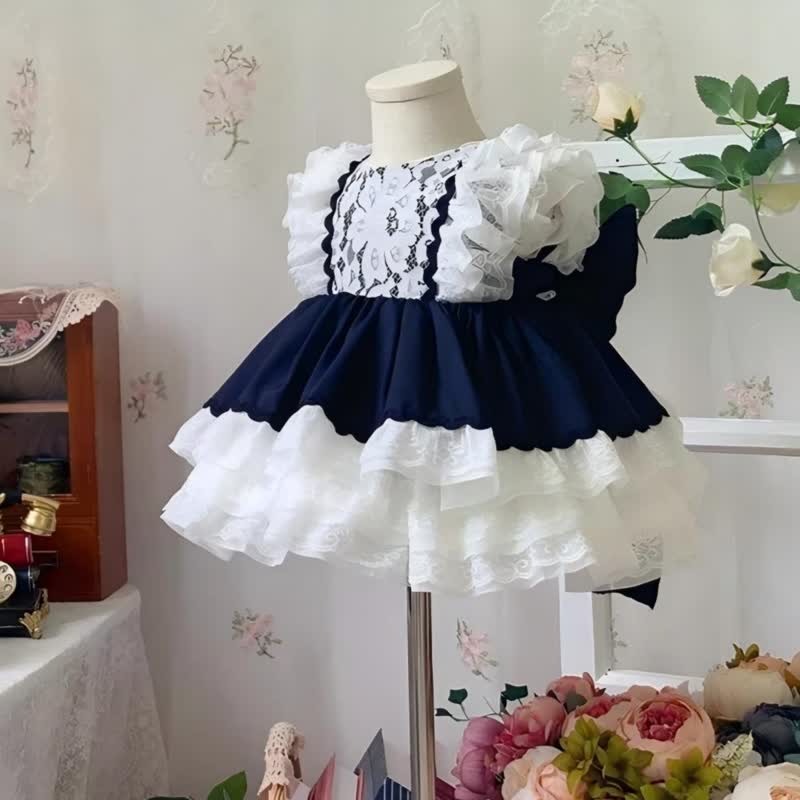 Cotton & Lace Lace Edge  Lace Cap Sleeve Short Dresses - Navy Blue - 11-12Y - image 1