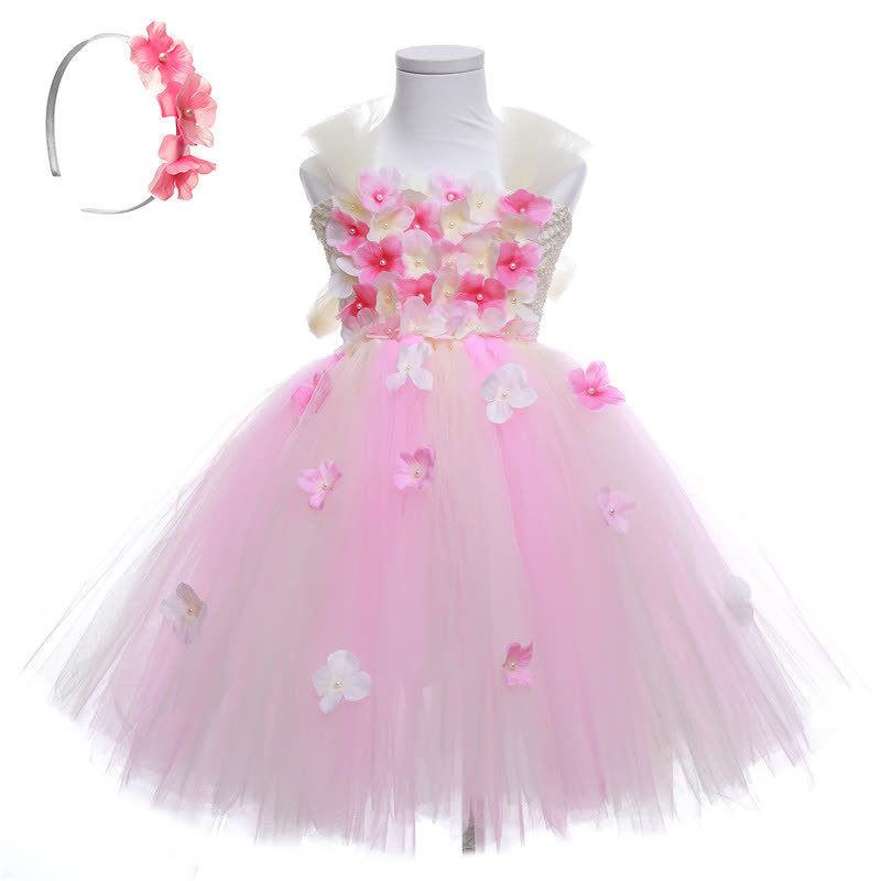 Mesh Split Joint Sleeveless Midi Dresses - Pink/Milky White W/Headband - 9-10Y - image 7