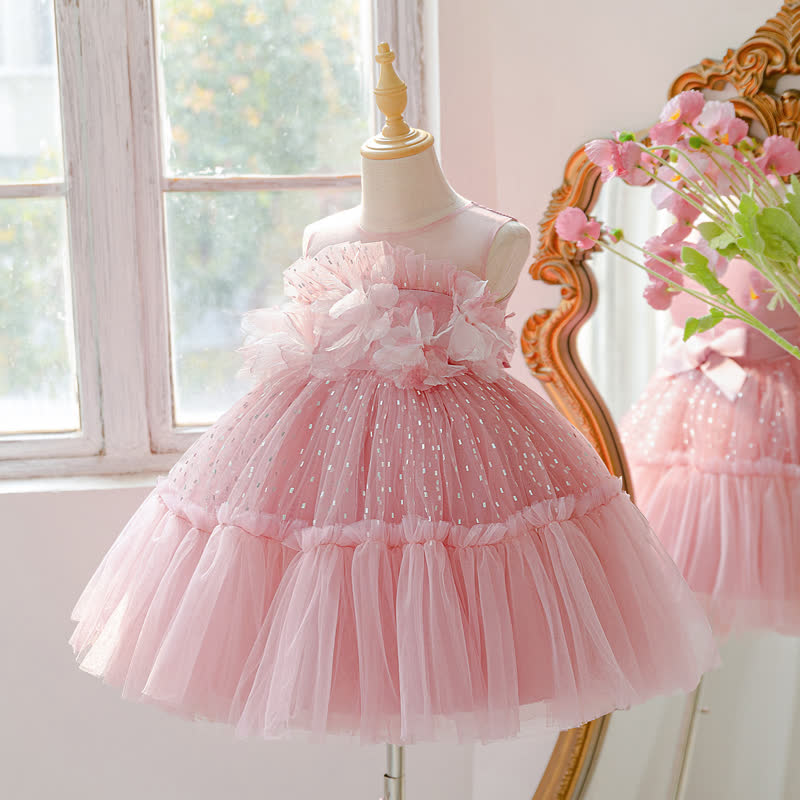 Mesh Rosette Sleeveless Midi Dresses - Dark Pink - 8Y - image 1