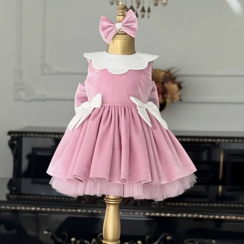 Velvet Bow Sleeveless Midi Dresses - Pink - 11-13Y - image 1