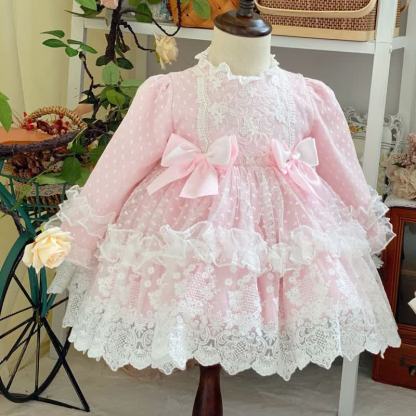 Lace Bow Long Sleeve Midi Dresses - Pink - 4-5Y - image 1