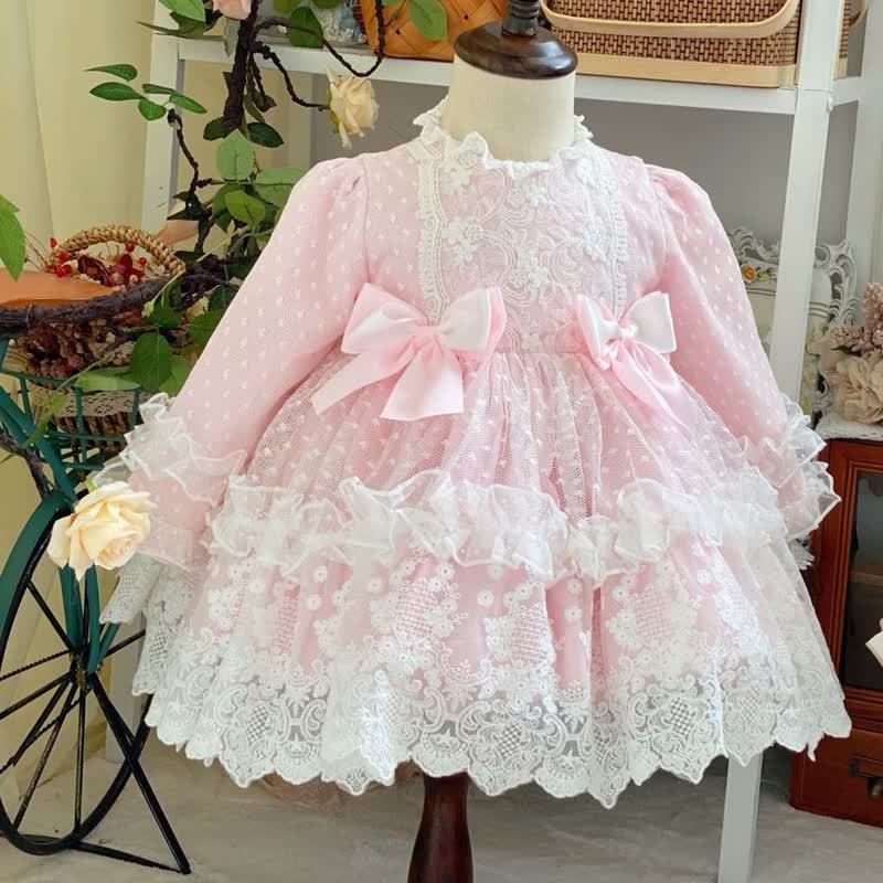 Lace Bow Long Sleeve Midi Dresses - Pink - 4-5Y - image 1