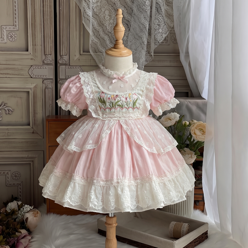 Lace Embroidery Short Sleeve Midi Dresses - Pink - 7-9Y - image 1