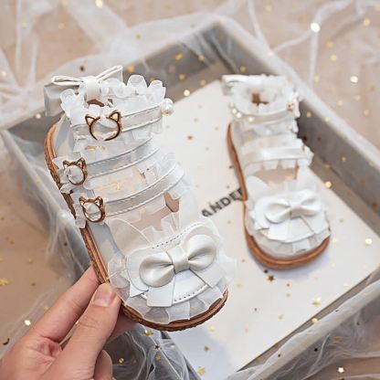 Solid Bow Pearl Open Toe Sandals - Beige - 21.8cm - image 9