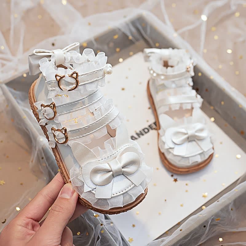 Solid Bow Pearl Open Toe Sandals - Beige - 21.8cm - image 9