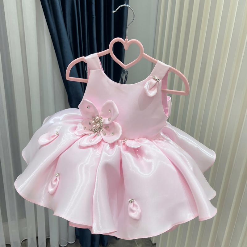 Satin Rosette Sleeveless Short Dresses - Pink - 5Y - image 1