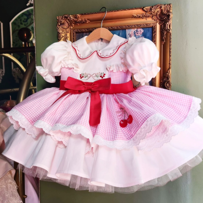100% Cotton Embroidery Bow Short Sleeve Midi Dresses - Pink - 5Y - image 1