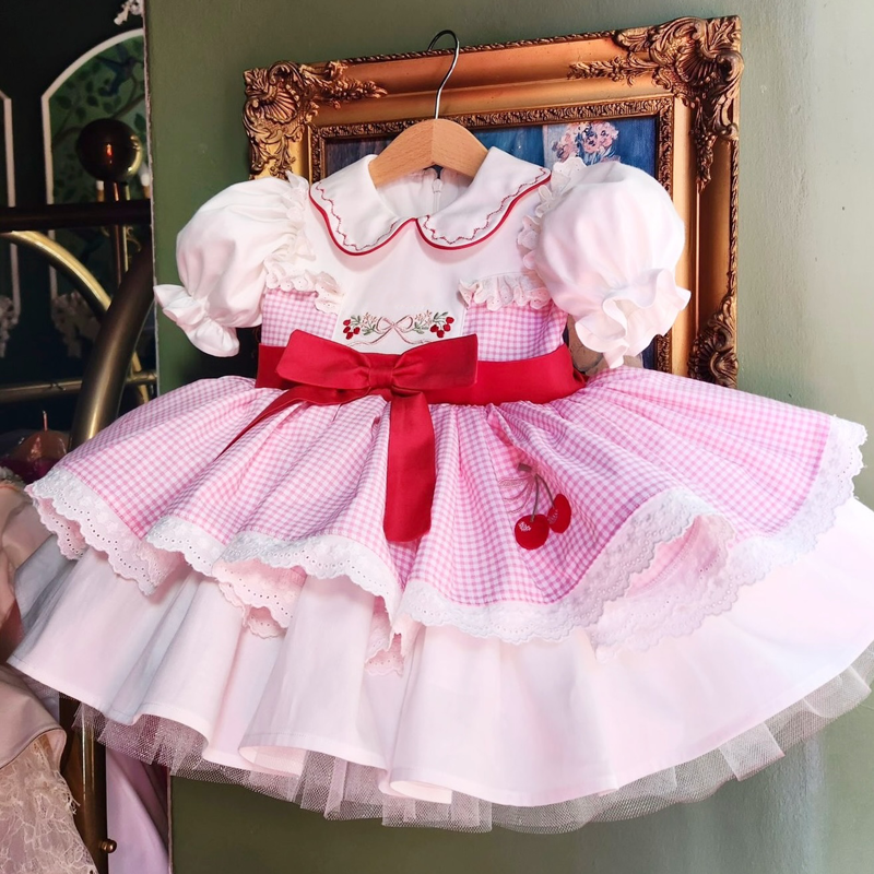 100% Cotton Embroidery Bow Short Sleeve Midi Dresses - Pink - 5Y - image 1
