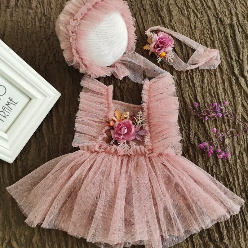 Mesh Rosette Cap Sleeve Short Dresses - Pink - 3M - image 1