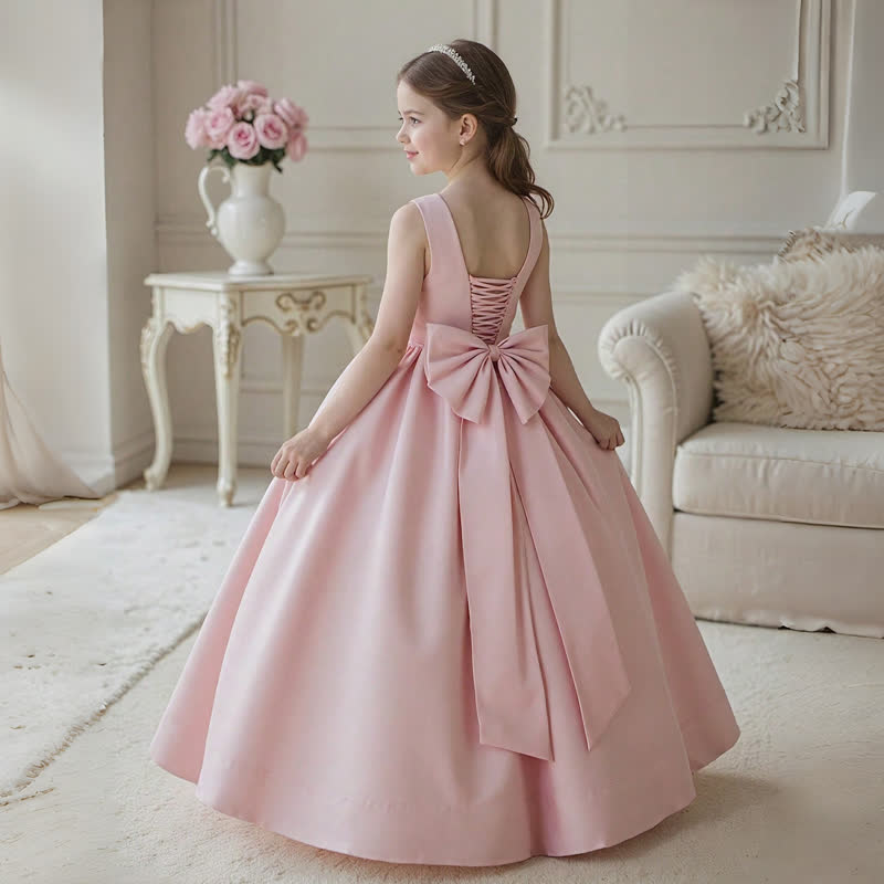 Satin Bow Sleeveless Maxi Dresses - Pink - 12Y - image 1