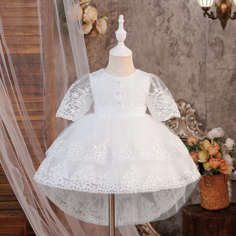 Mesh Bow Half Sleeve Midi Dresses - White - 2-3Y - image 1