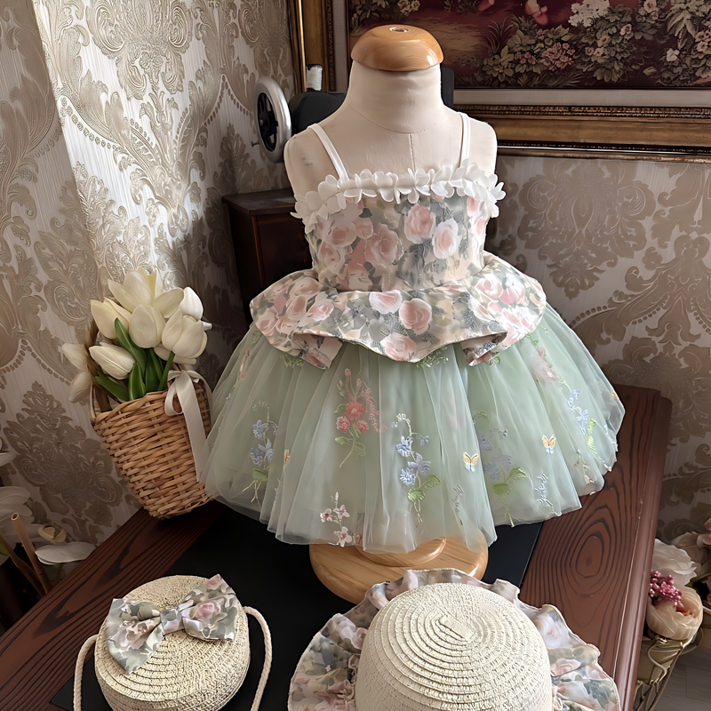 Mesh Split Joint Sleeveless Short Dresses With Hat - Light Green - 13-14Y - image 1