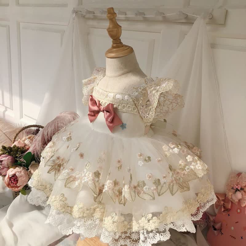 Mesh Bow Cap Sleeve Midi Dresses - Champagne - 6-7Y - image 1