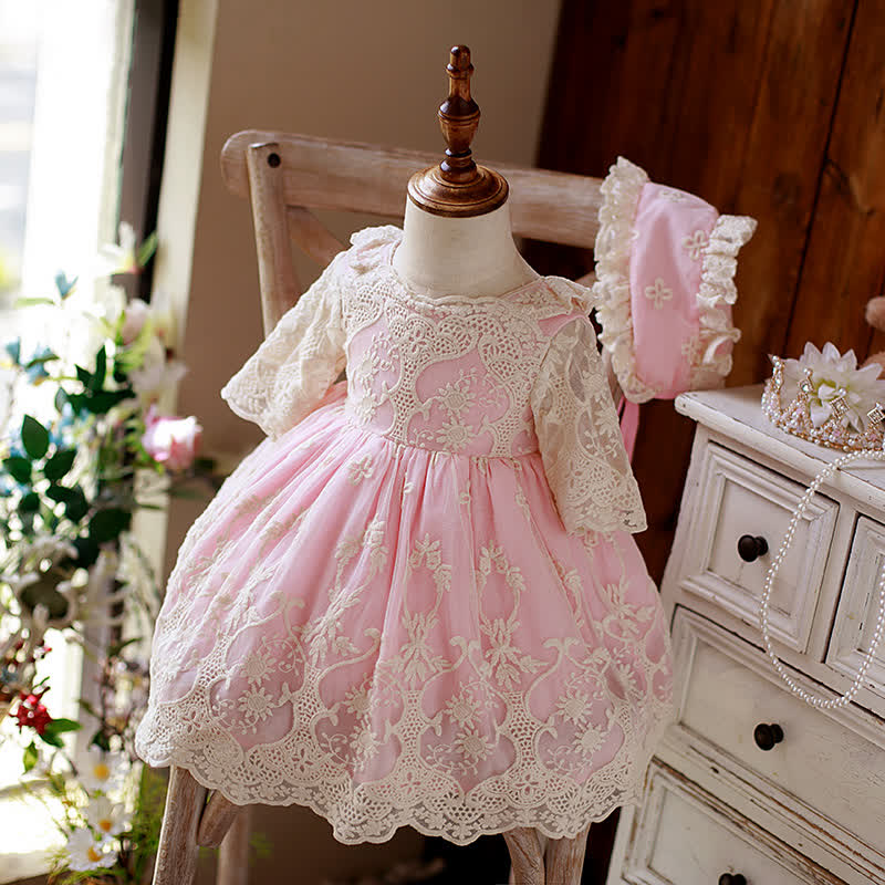 Lace Bow Half Sleeve Midi Two-piece Set - Pink - 5-6Y - image 1