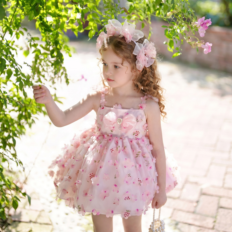 Embroidery Mesh Rosette Bow Sleeveless Short Dresses - Pink - 9-10Y - image 1