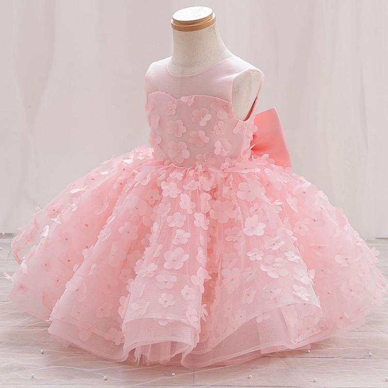 Embroidery Mesh Rosette Bow Sleeveless Short Dresses - Pink - 7Y - image 1