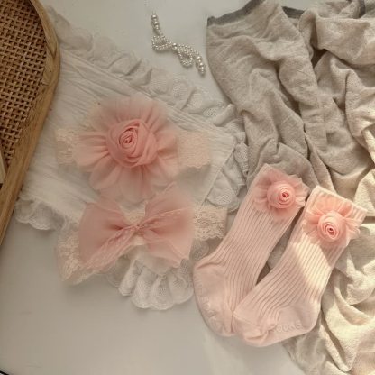 Solid Rosette Headband and Socks - Pink - image 1