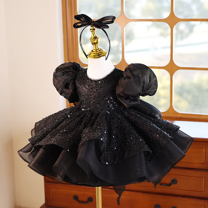 Glitter Bow  Sequins Short Sleeve Short Dresses Without Headband - image 2