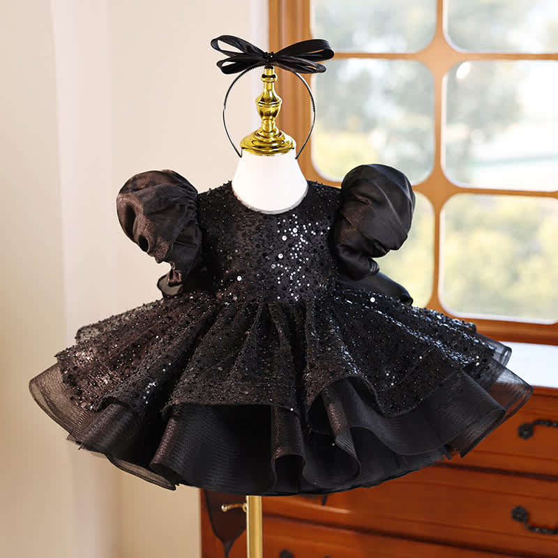Glitter Bow  Sequins Short Sleeve Short Dresses Without Headband - Black - 15-16Y - image 1