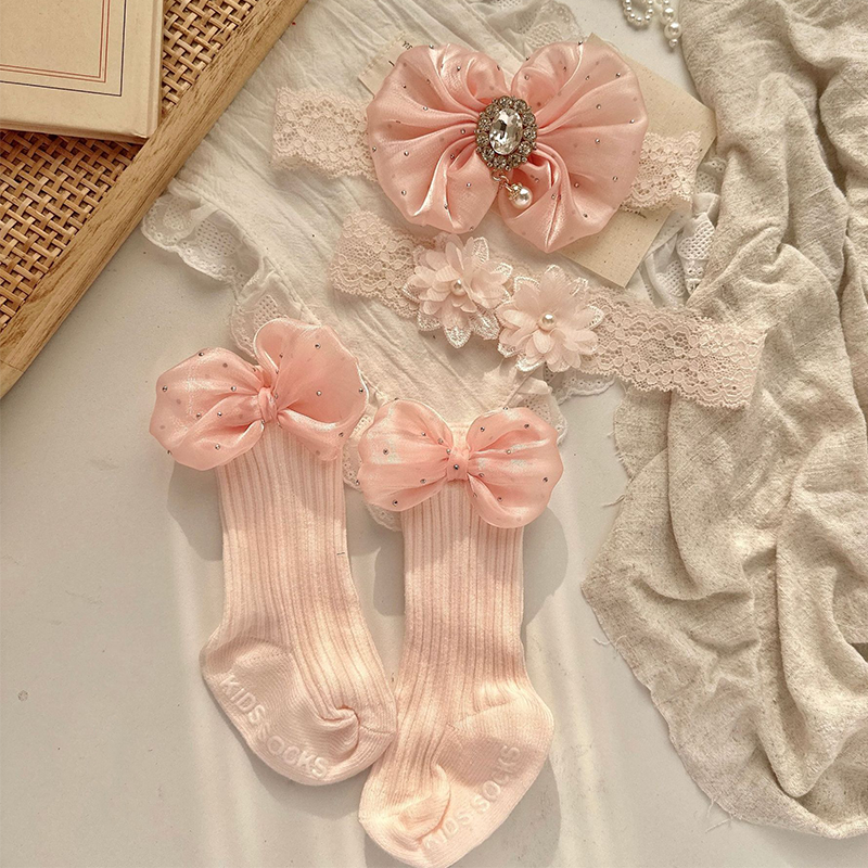 Solid With Rhinestones Headband And Socks - Pink - image 1