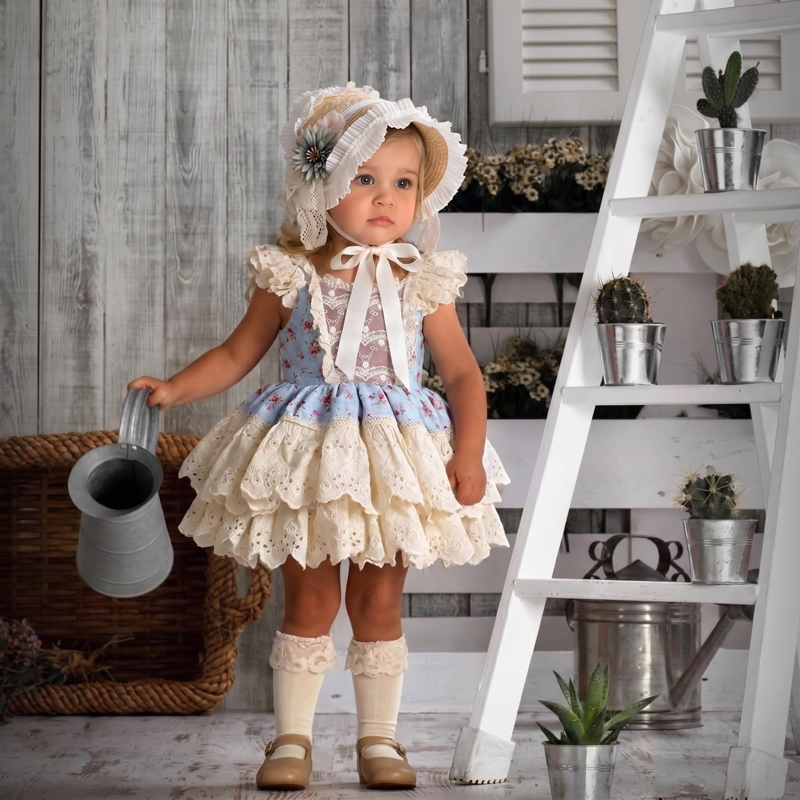 100% Cotton Stitching Lace Cap Sleeve Short Dresses - Cream - 5Y - image 1