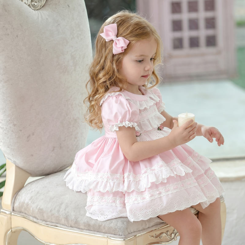 Cotton Rosette Stitching Lace Short Sleeve 
Short Dresses - image 3