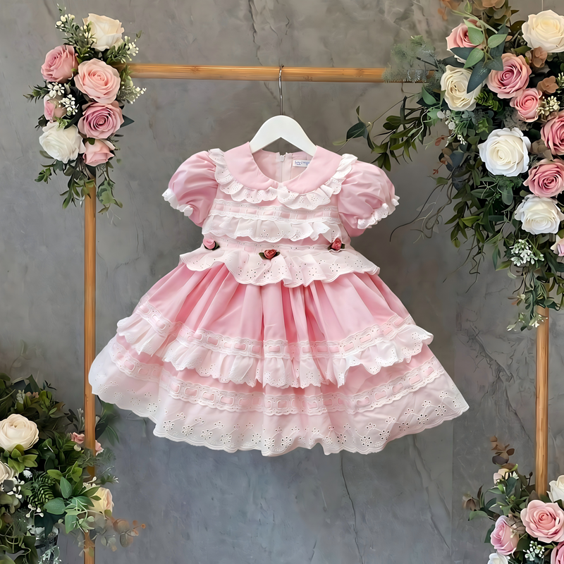 Cotton Rosette Stitching Lace Short Sleeve 
Short Dresses - Pink - 5Y - image 1