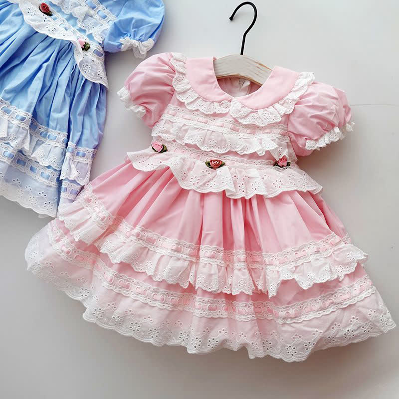 Cotton Rosette Stitching Lace Short Sleeve 
Short Dresses - image 6