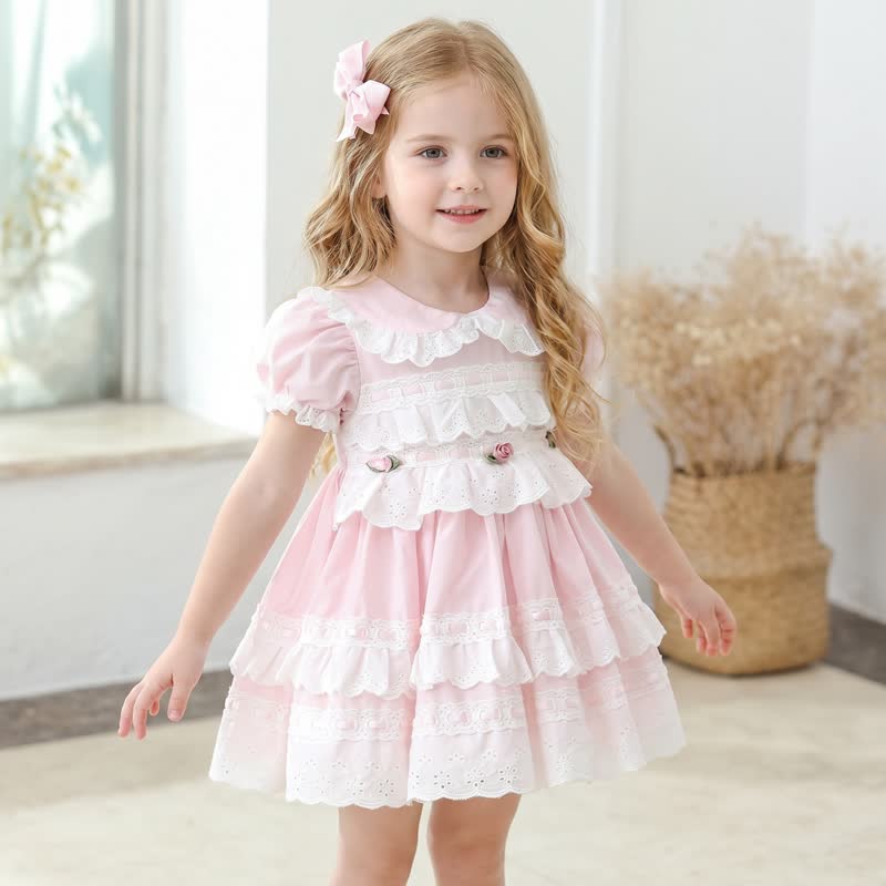 Cotton Rosette Stitching Lace Short Sleeve 
Short Dresses - image 4
