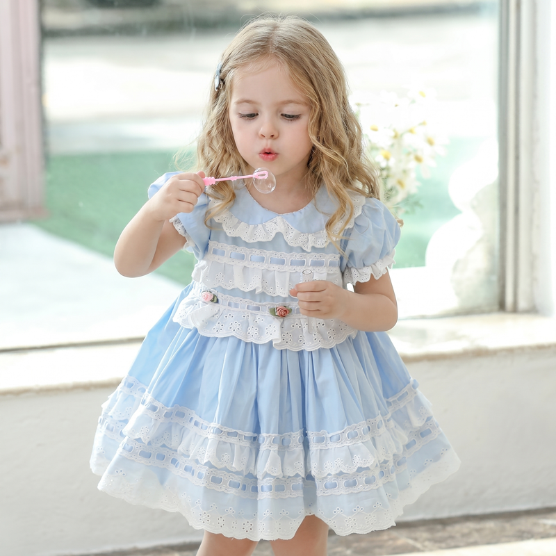 Cotton Rosette Stitching Lace Short Sleeve 
Short Dresses - image 8