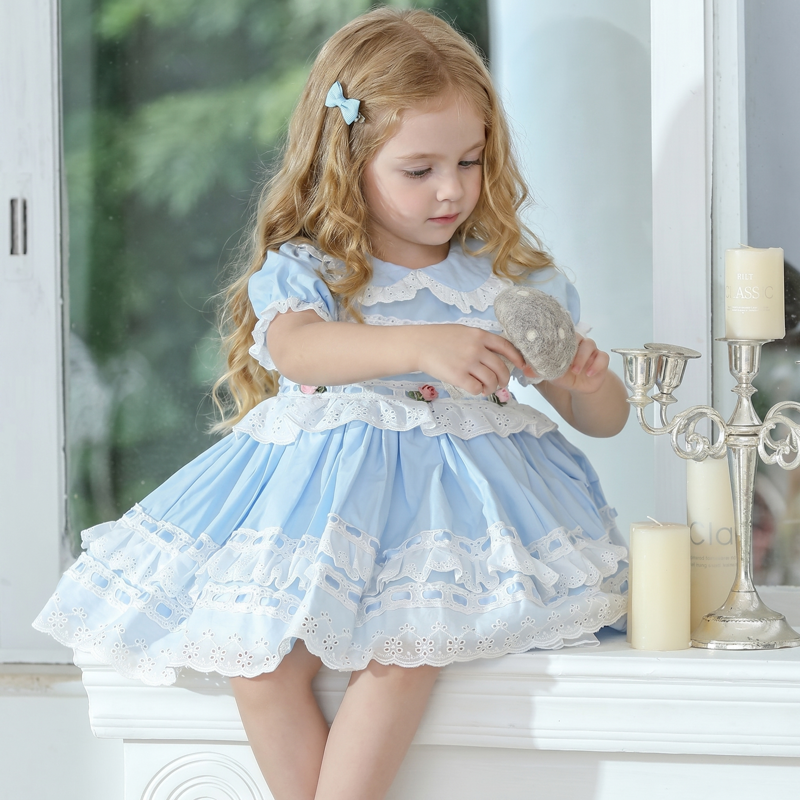 Cotton Rosette Stitching Lace Short Sleeve 
Short Dresses - Light Blue - 5Y - image 7
